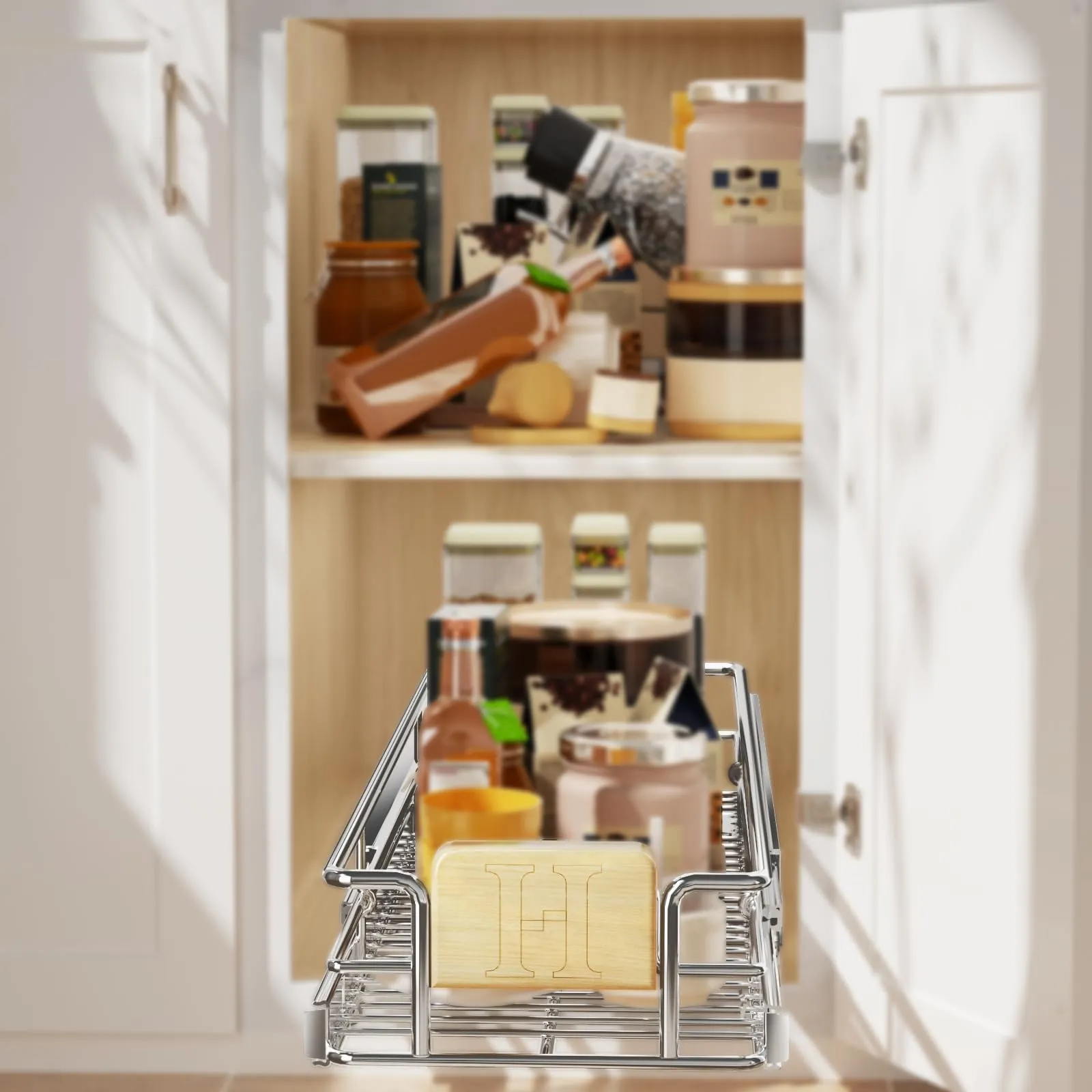 1 Tier Pull Out-Drawers For Kitchen Cabinet With Wooden Handle