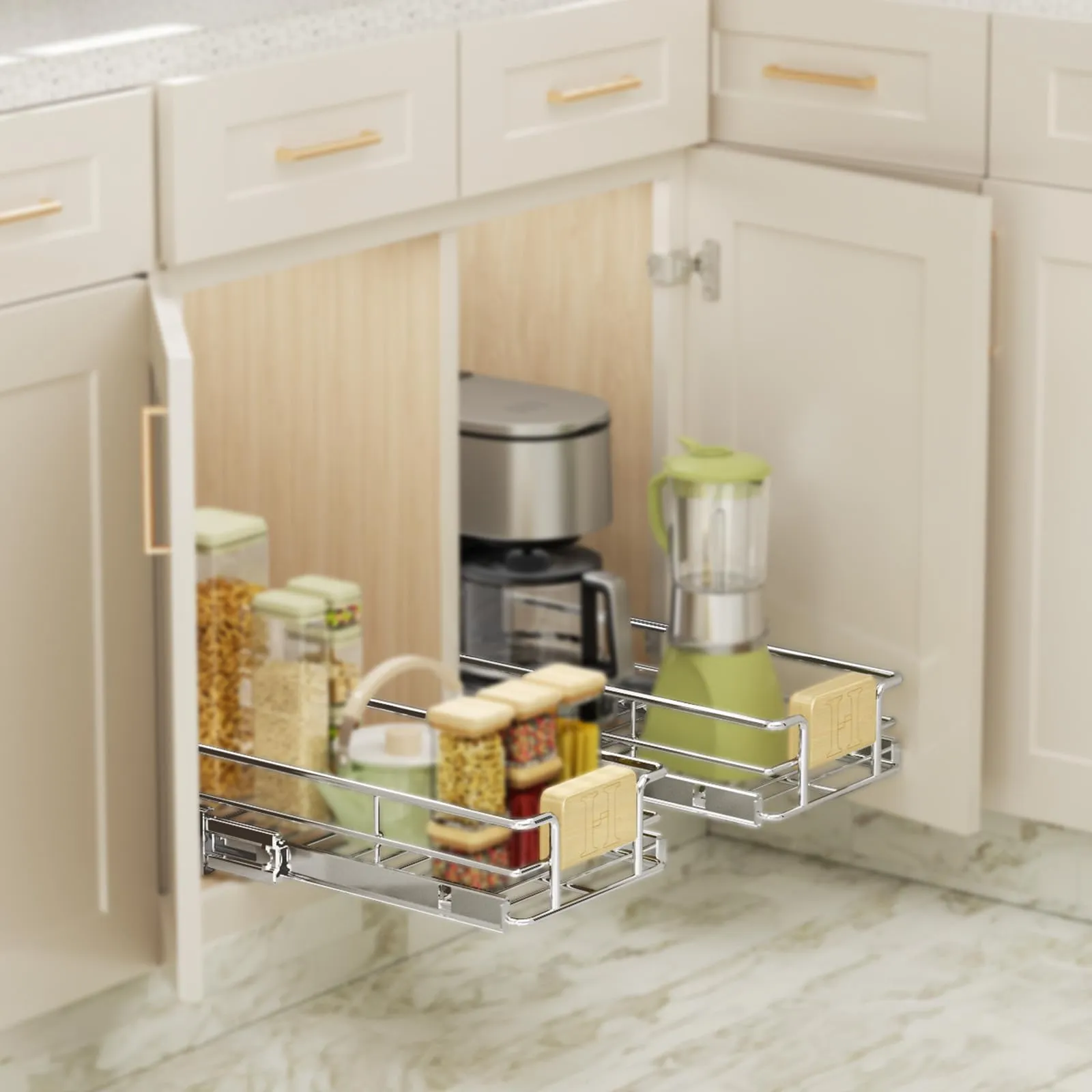 1 Tier Pull Out-Drawers For Kitchen Cabinet With Wooden Handle