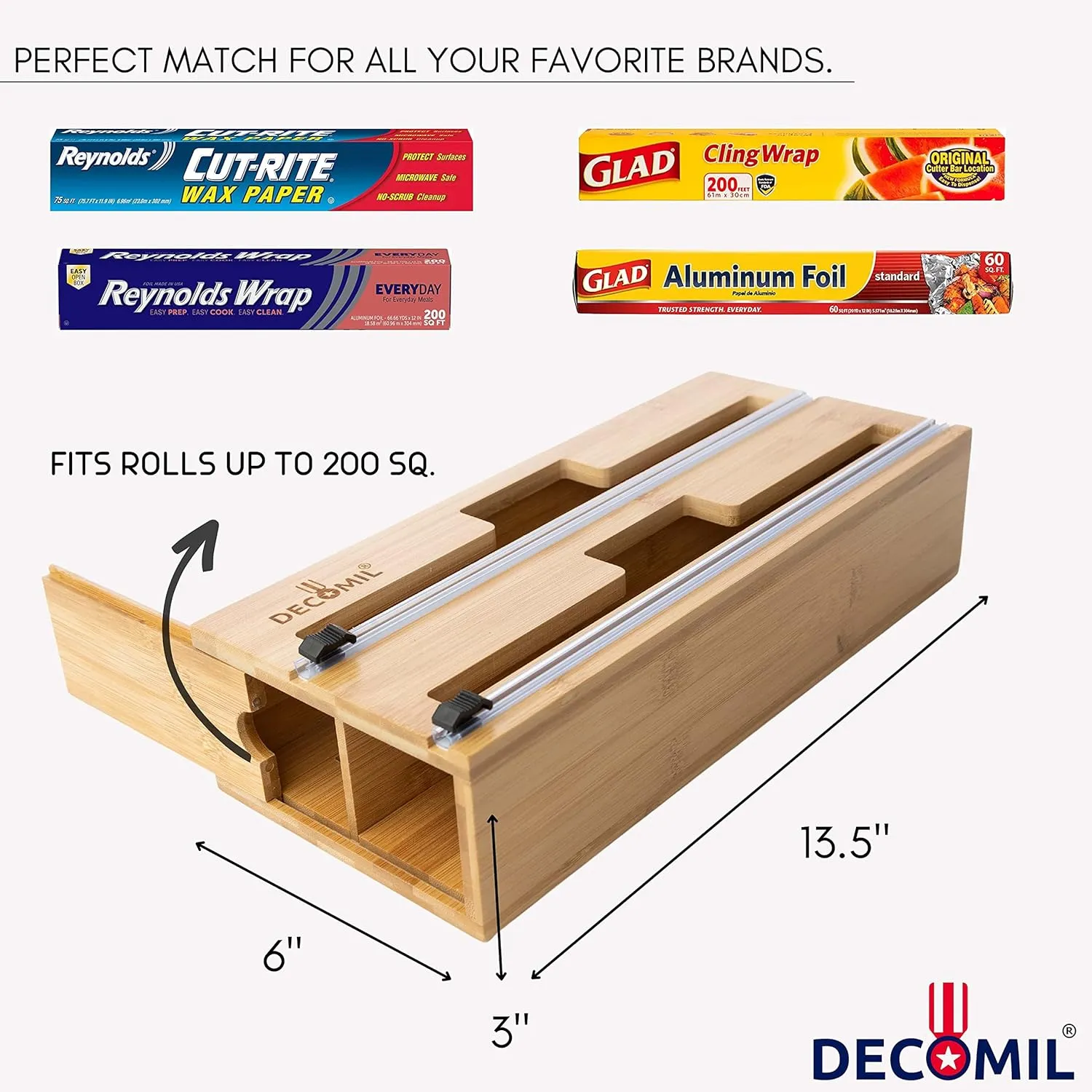 2-in-1 Plastic Wrap Dispenser with Cutter - Bamboo Aluminum Foil Dispenser, Drawer and Wall Mount, 13.5" Standard Design