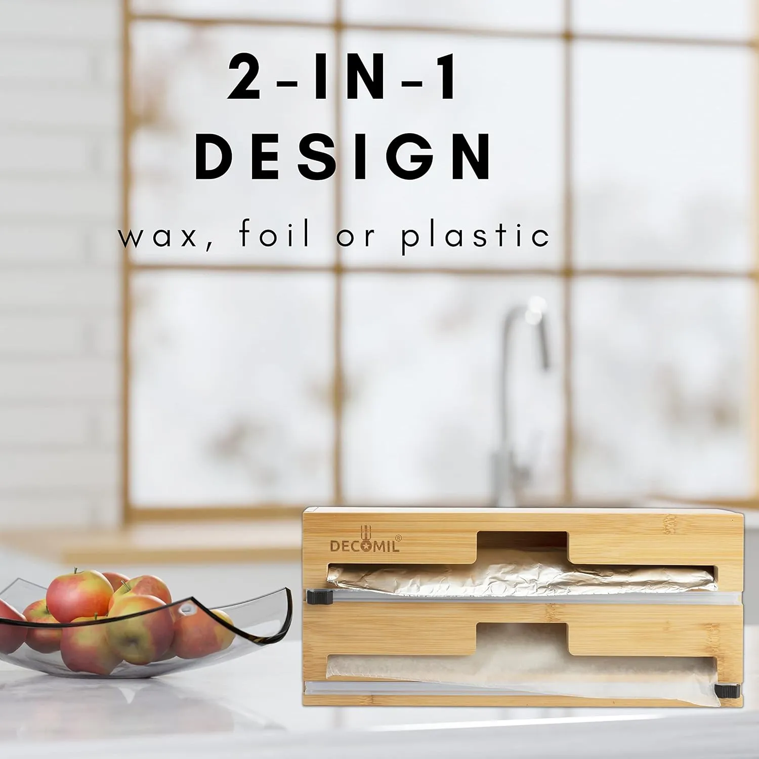 2-in-1 Plastic Wrap Dispenser with Cutter - Bamboo Aluminum Foil Dispenser, Drawer and Wall Mount, 13.5" Standard Design