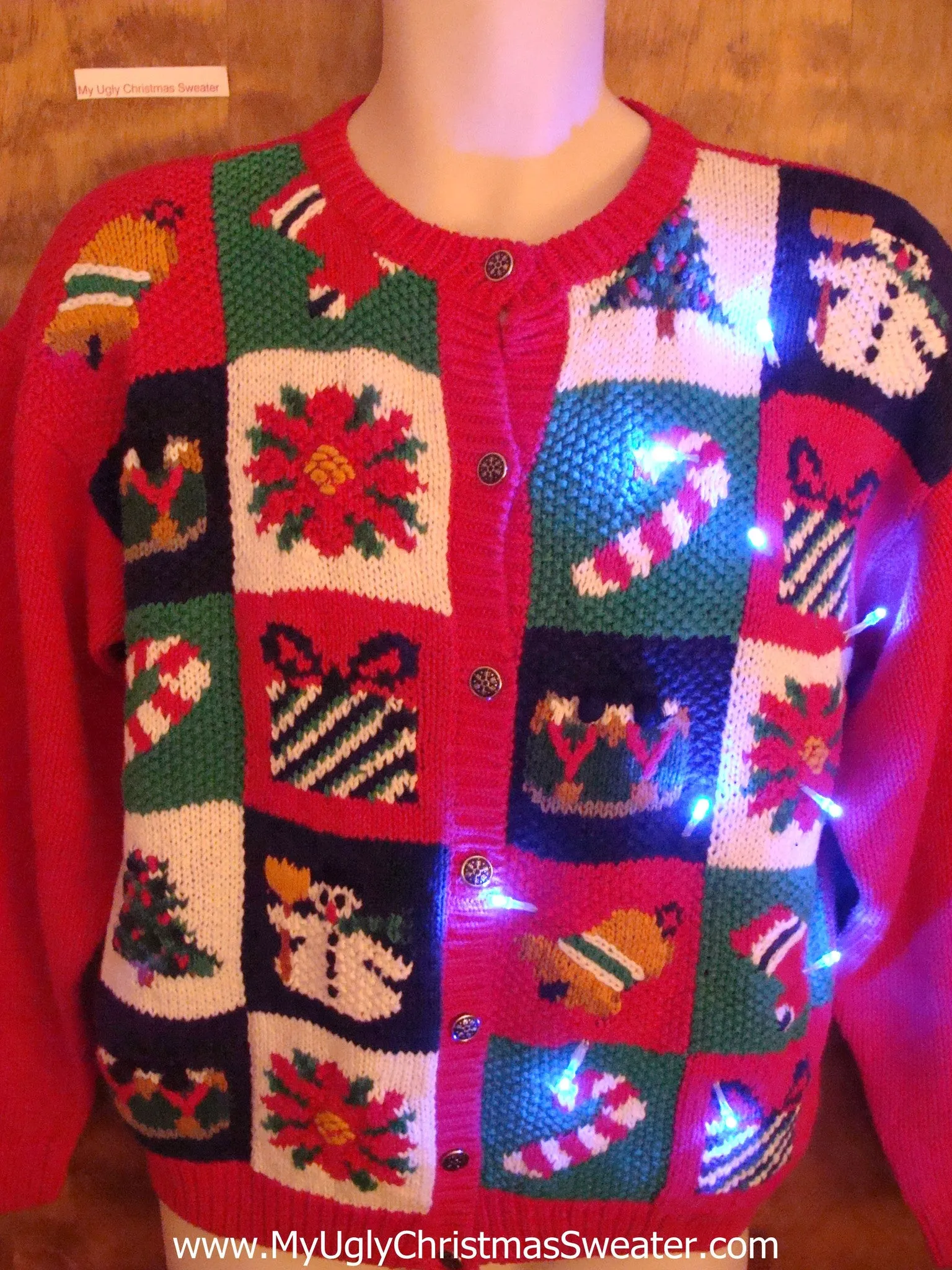 80s Cute Christmas Sweater with Candy Canes and Lights