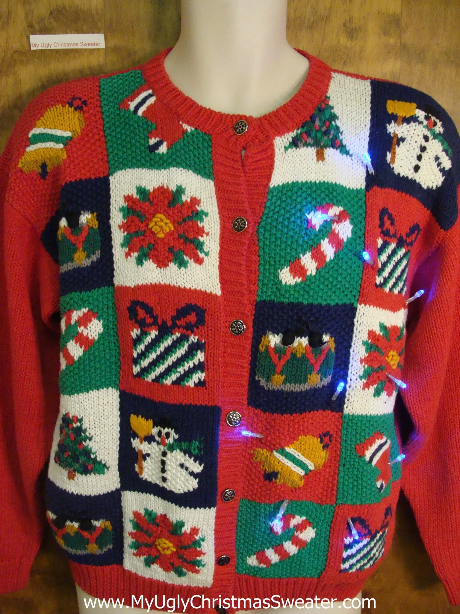 80s Cute Christmas Sweater with Candy Canes and Lights