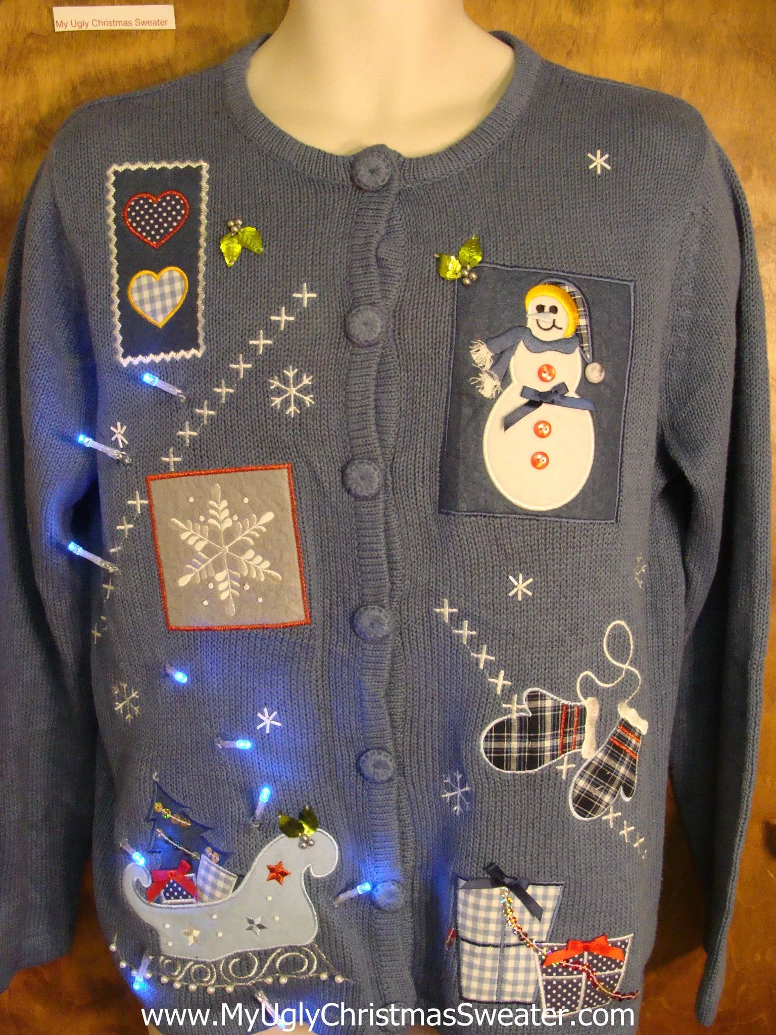 Baby Blue Cute Christmas Sweater with Snowman and Lights