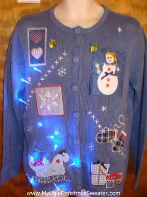 Baby Blue Cute Christmas Sweater with Snowman and Lights