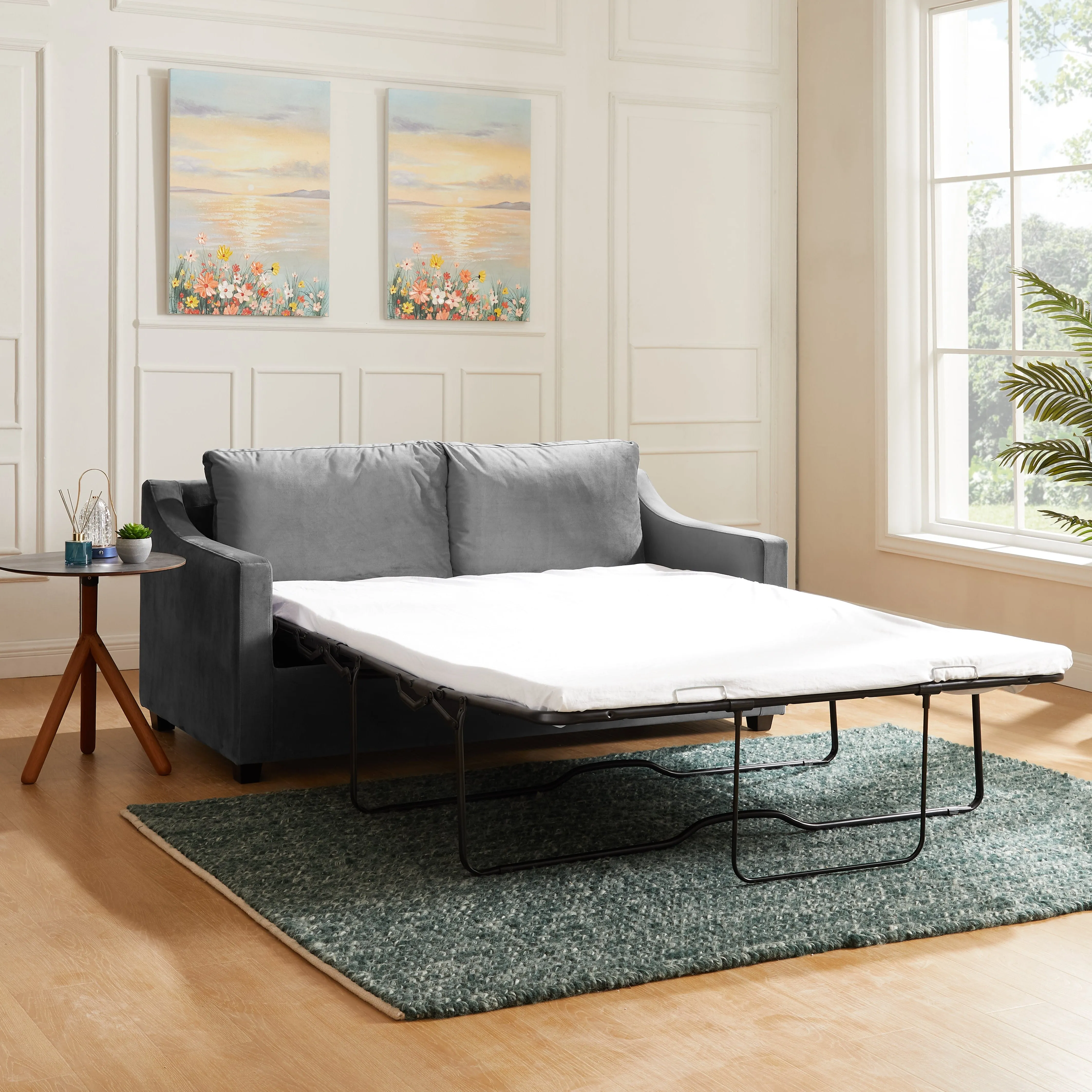 Cooper Velvet Pull Out Sofa Bed With Mattress, Grey Velvet