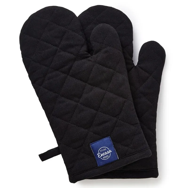 Encasa Heat Resistant Cotton Oven Gloves Mitts (2 Pc Set) - Quilted & Safe 18x30 cm - for Kitchen, Cooking & Baking, Grilling, Handling Hot Pots & Pans - Full Black