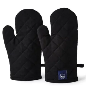 Encasa Heat Resistant Cotton Oven Gloves Mitts (2 Pc Set) - Quilted & Safe 18x30 cm - for Kitchen, Cooking & Baking, Grilling, Handling Hot Pots & Pans - Full Black