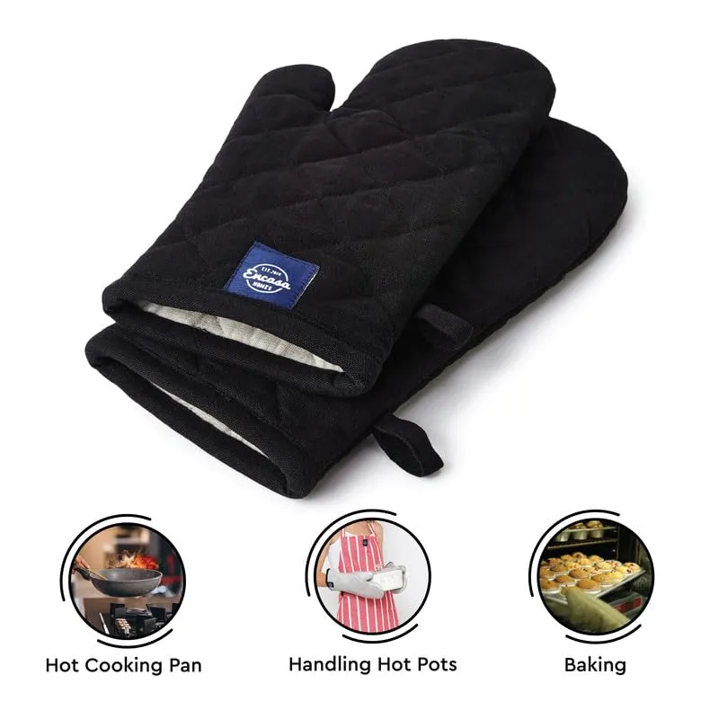 Encasa Heat Resistant Cotton Oven Gloves Mitts (2 Pc Set) - Quilted & Safe 18x30 cm - for Kitchen, Cooking & Baking, Grilling, Handling Hot Pots & Pans - Full Black