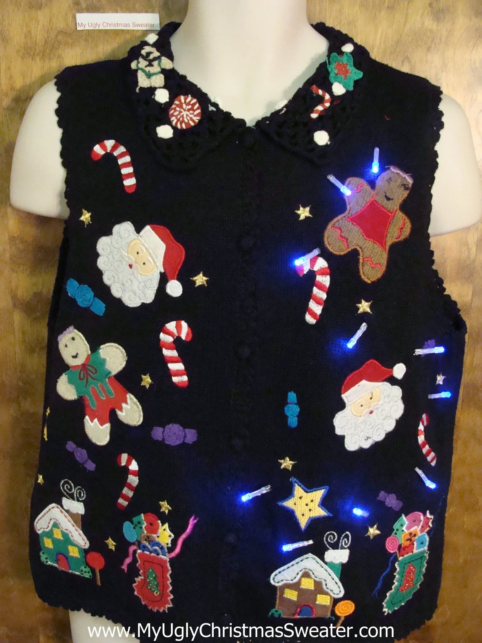 Gingerbread Candy Themed Cute Christmas Sweater Vest with Lights