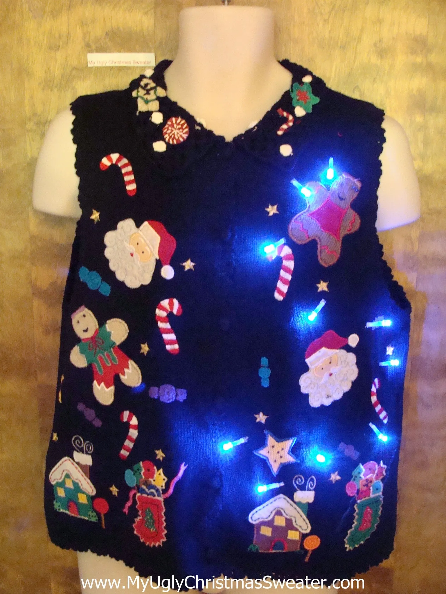 Gingerbread Candy Themed Cute Christmas Sweater Vest with Lights