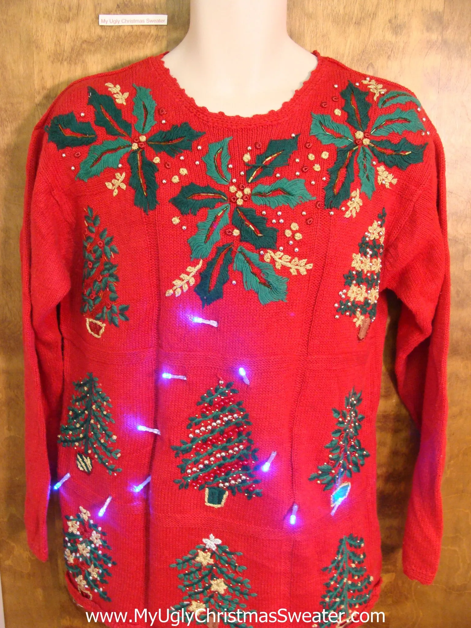 Horrible 80s Poinsettias and Trees Light Up Ugly Xmas Sweater