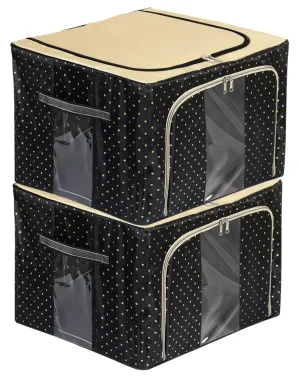 Kuber Industries Steel Frame Living Box|Clothes Storage Bag|Blanket Cover|Cloth Storage Box|Clear Window|Set Of 2|Black