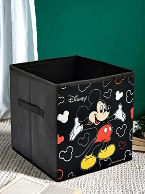 Kuber Industries Storage Box|Toy Box Storage For Kids|Foldable Storage Box|Disney Mickey Mouse Print|Large Size (Black, Non-woven)