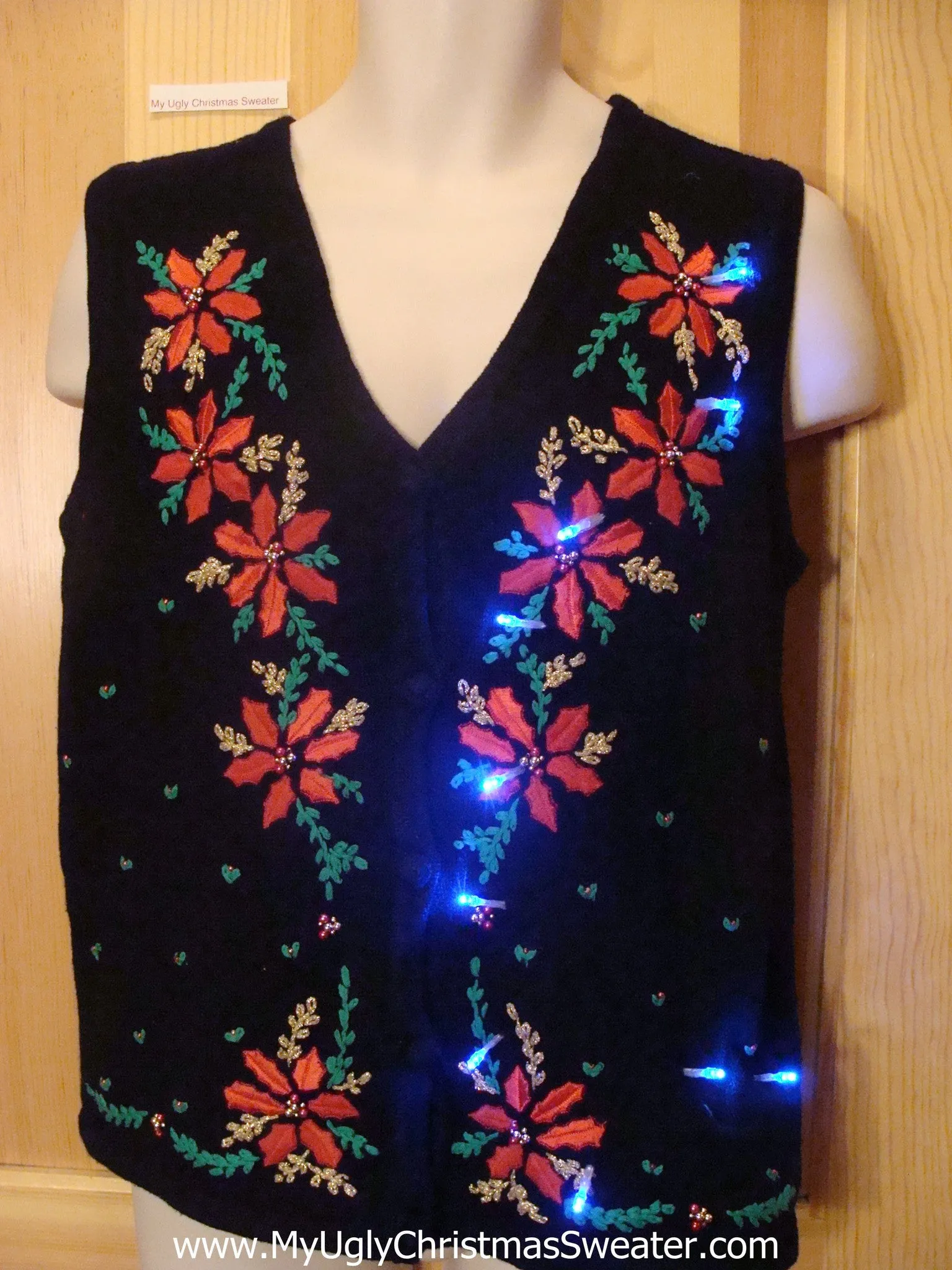 Light Up Ugly Xmas Sweater Poinsettias Vest with Bright Lights