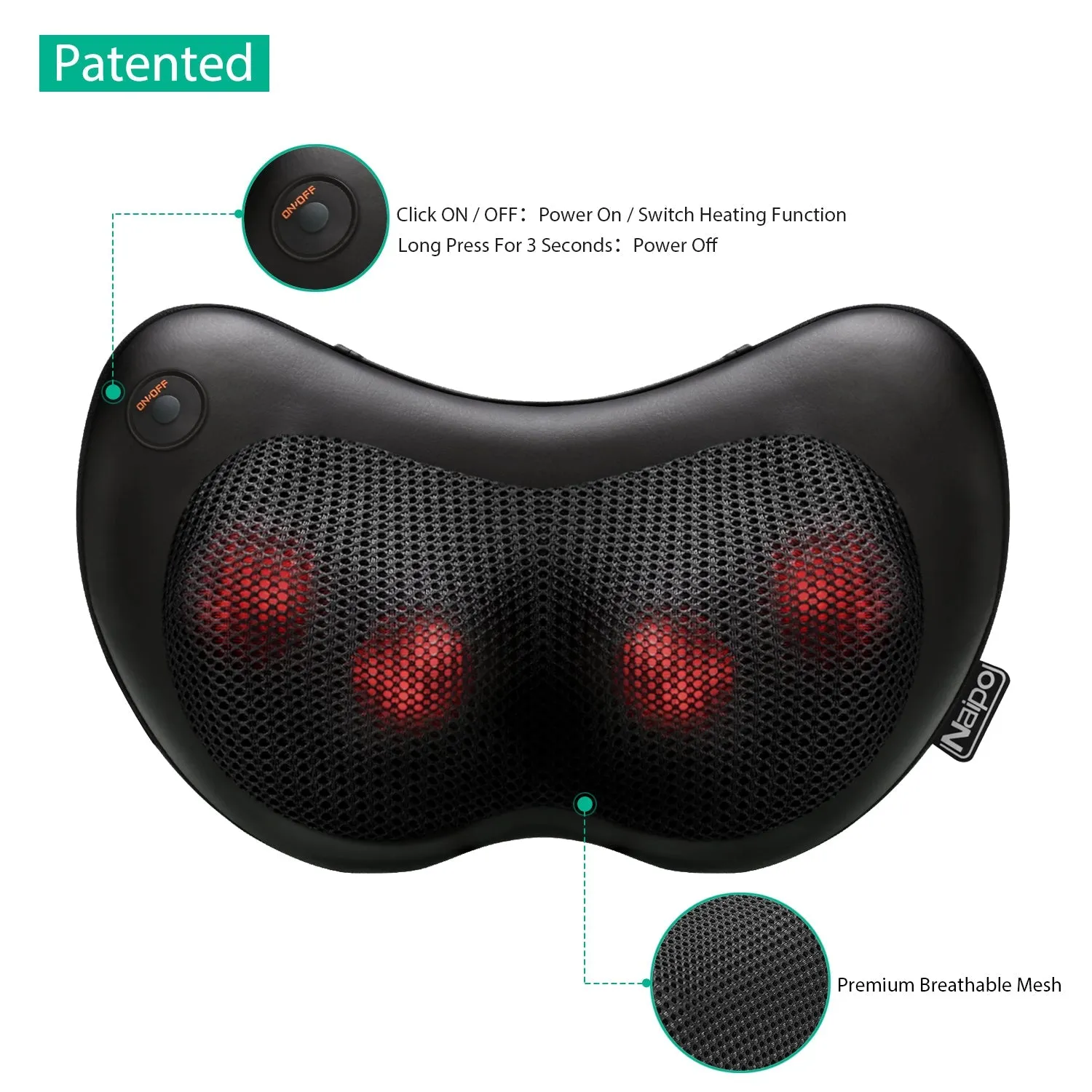 Naipo Neck & Back Massage Pillow with Heat Shiatsu Deep Kneading Massager