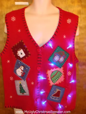 Patchwork Crafty Cute Christmas Sweater Vest with Lights