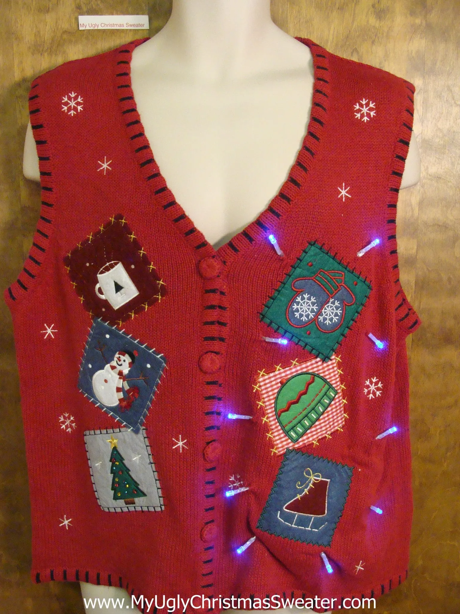 Patchwork Crafty Cute Christmas Sweater Vest with Lights