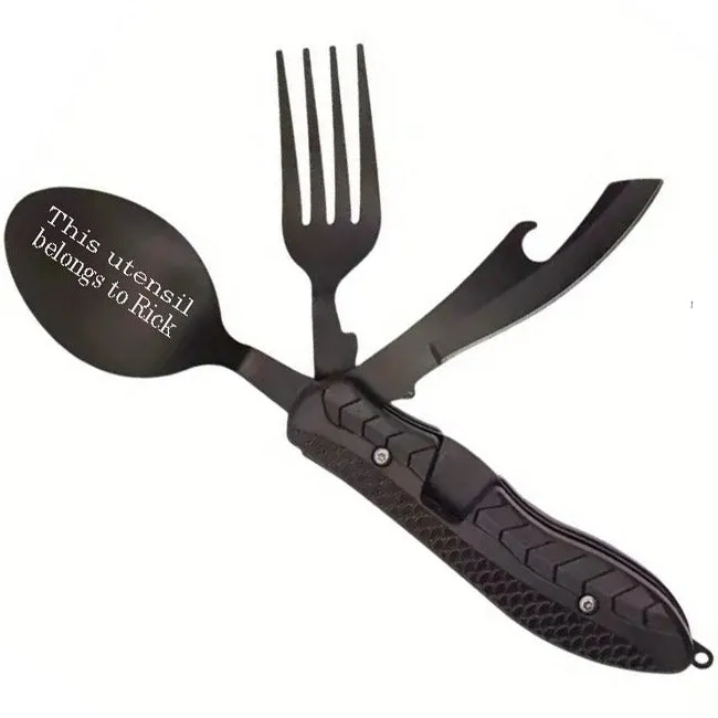 Personalized Camping or Picnic Fork, Spoon, and Knife Folding Utensil Multi-Tool Black