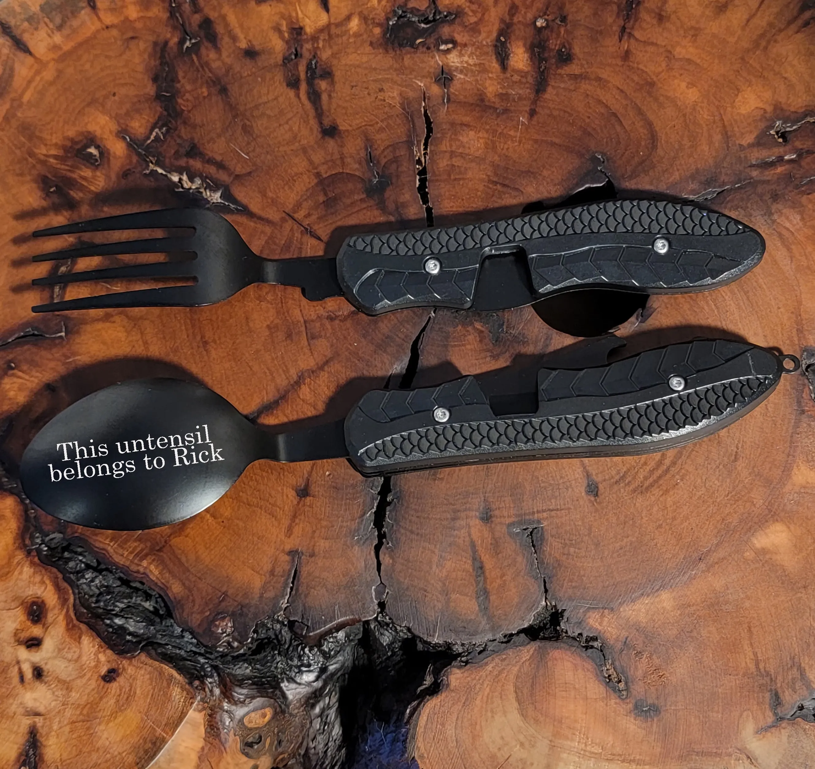 Personalized Camping or Picnic Fork, Spoon, and Knife Folding Utensil Multi-Tool Black