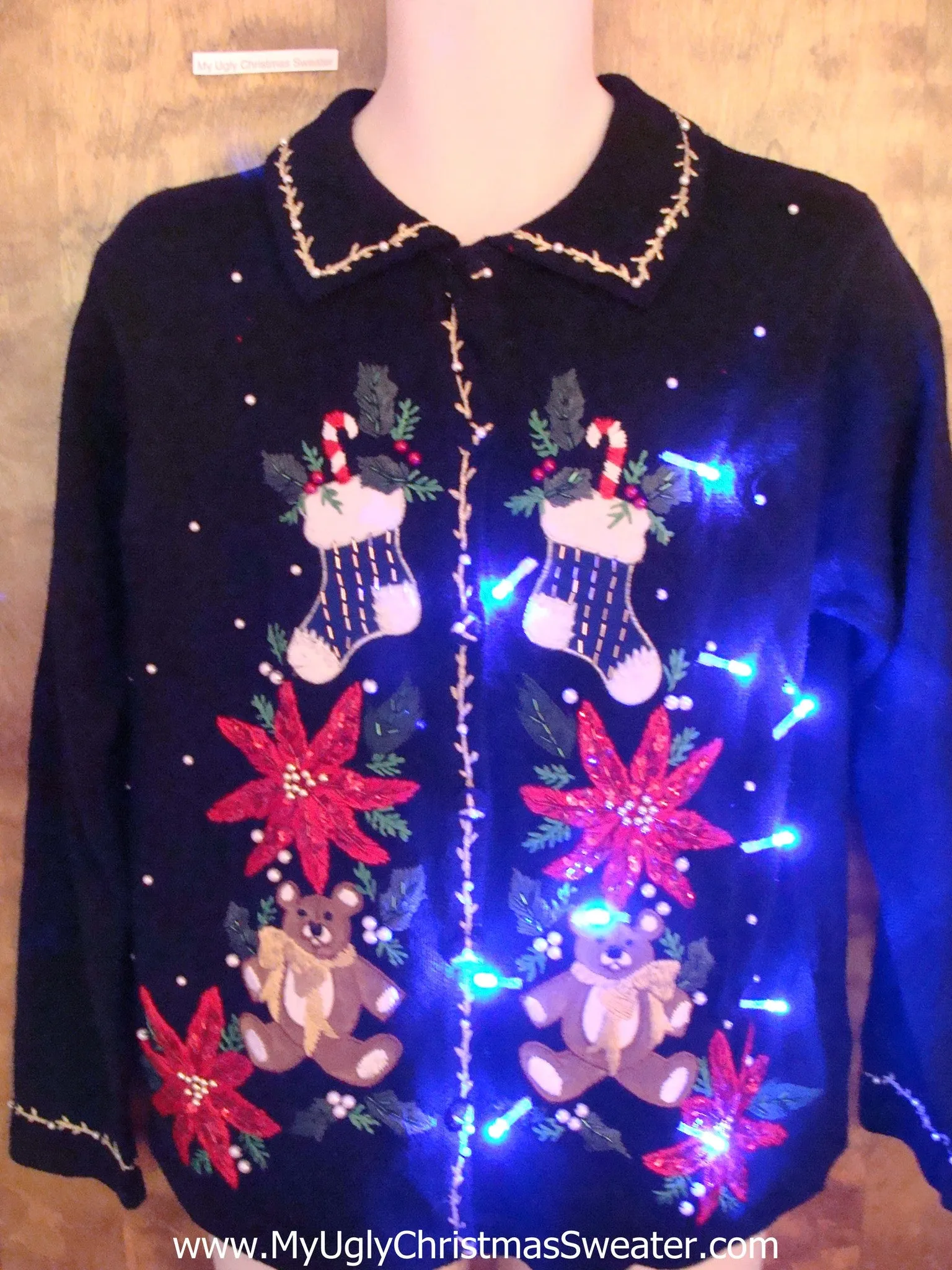 Red Poinsettias and Bears Light Up Ugly Xmas Sweater