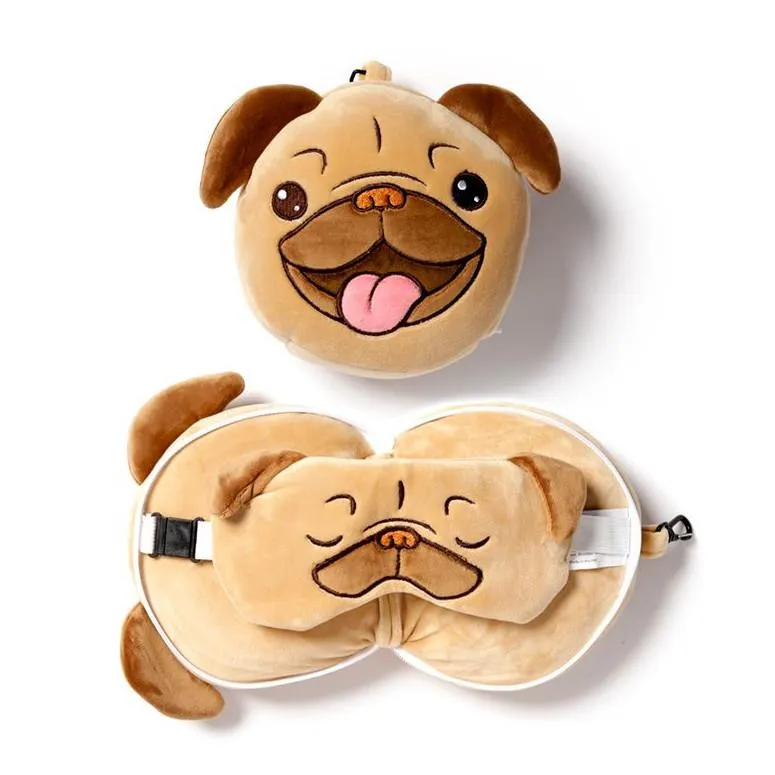 Relaxeazzz Adoramals Travel Pillow & Eye Mask Set - Mopps the Pug