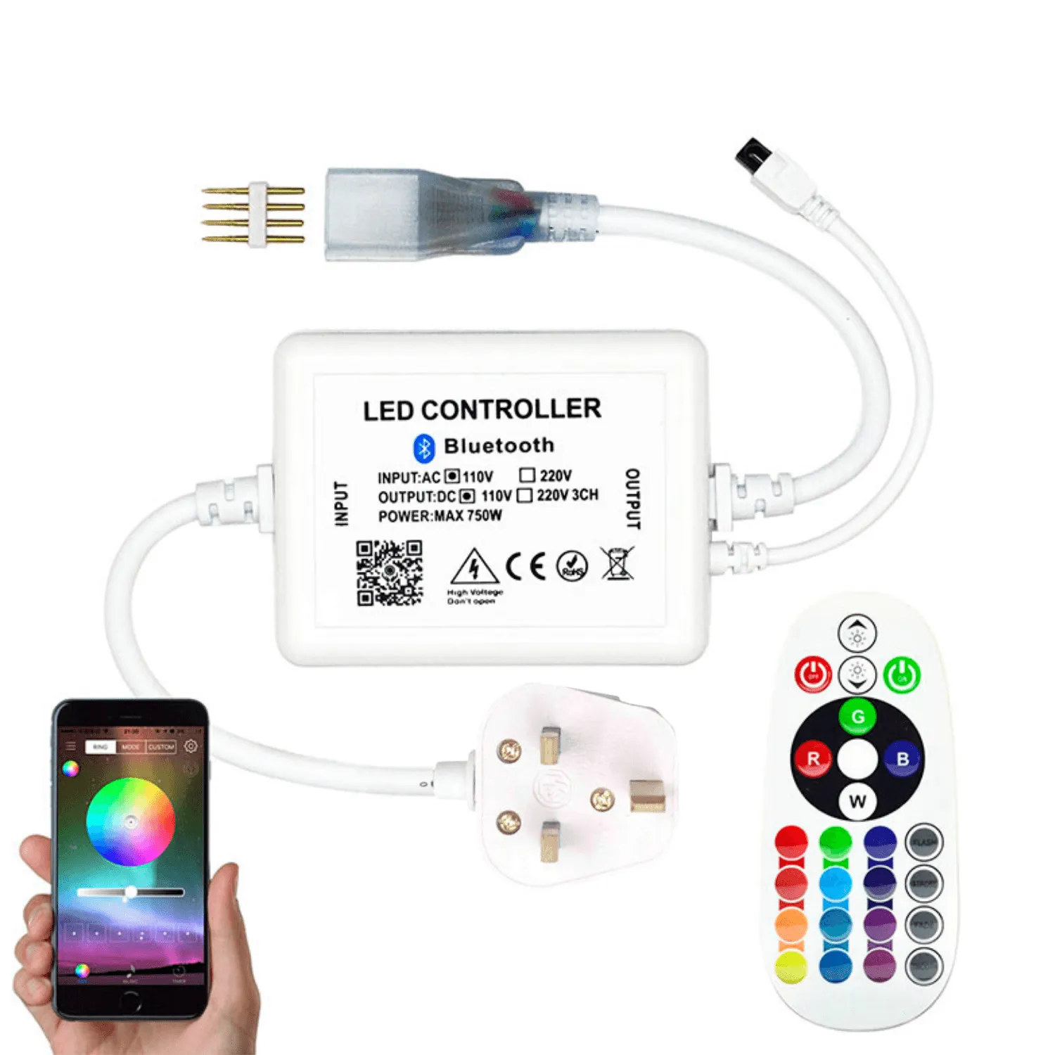 RGB LED Strip 220V 240V 144 LEDs/m IP65 Wireless Bluetooth App Control with Remote