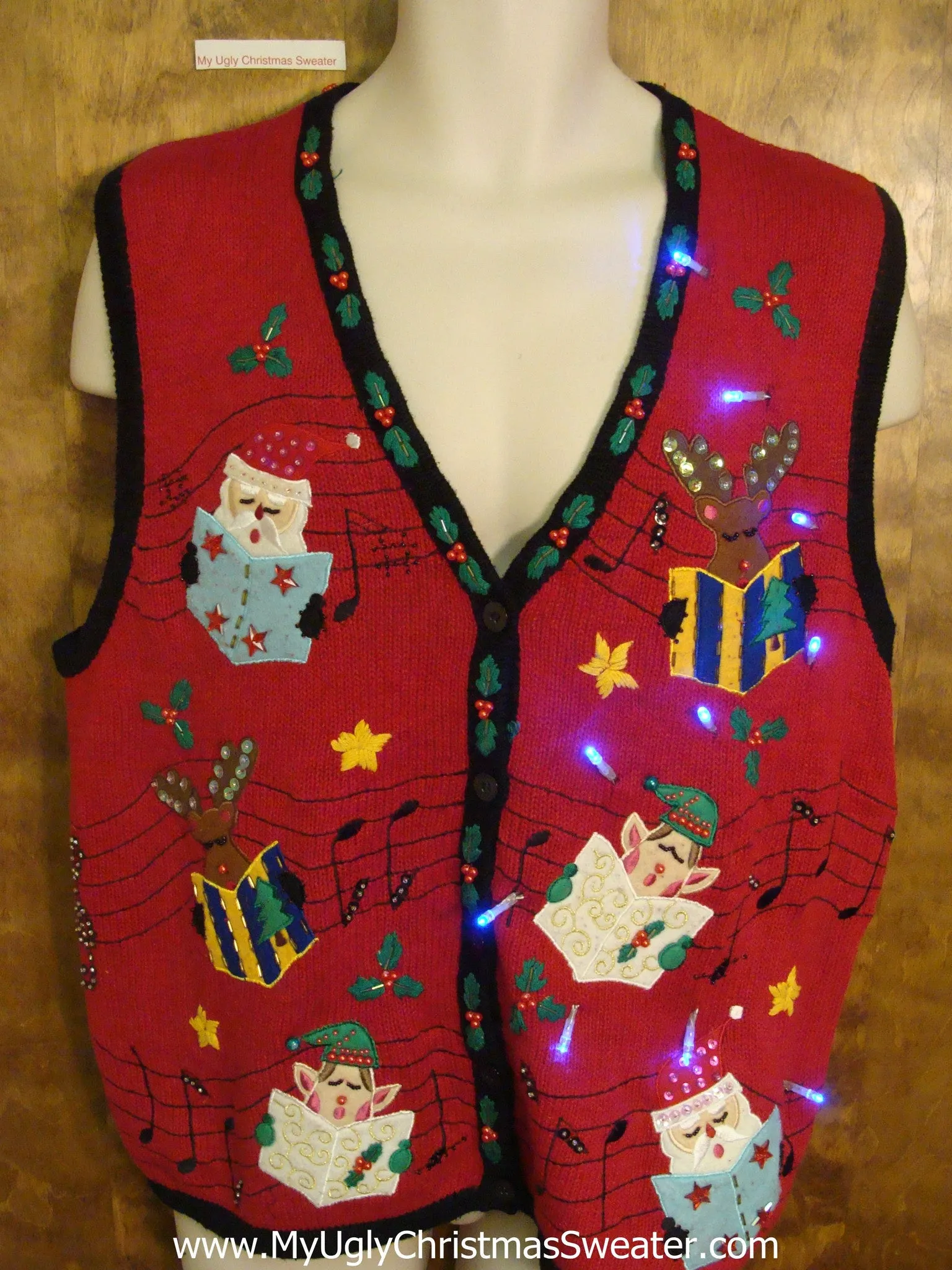 Santa, Reindeer and Elves Singing Cute Christmas Sweater Vest with Lights