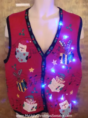 Santa, Reindeer and Elves Singing Cute Christmas Sweater Vest with Lights