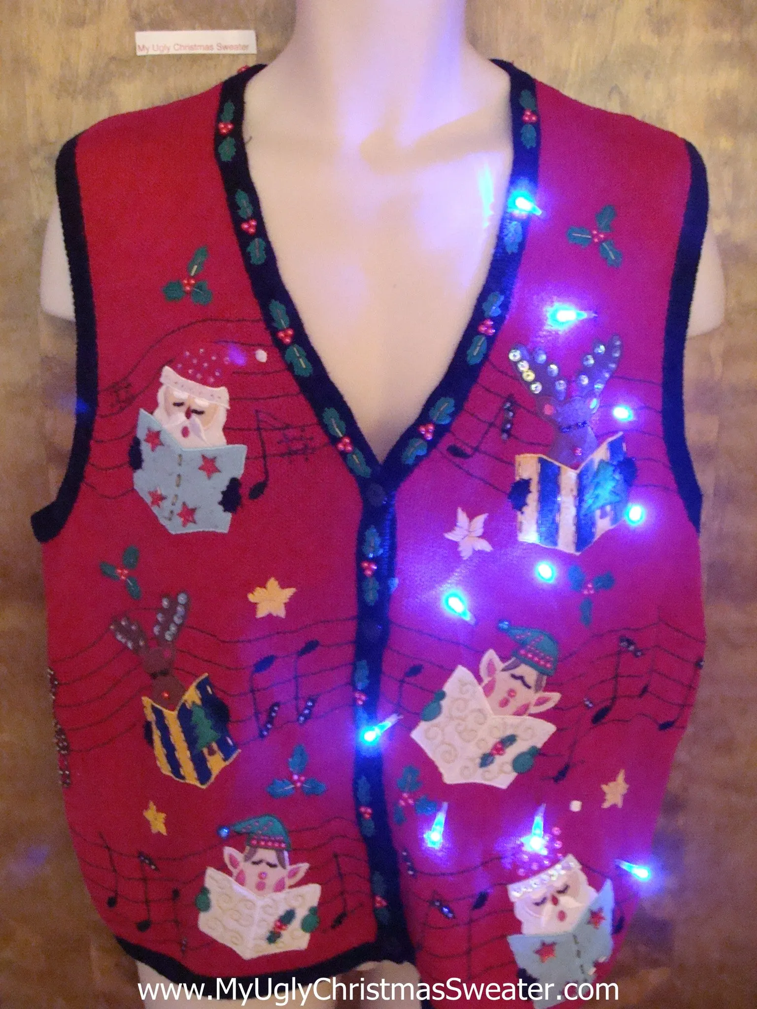 Santa, Reindeer and Elves Singing Cute Christmas Sweater Vest with Lights