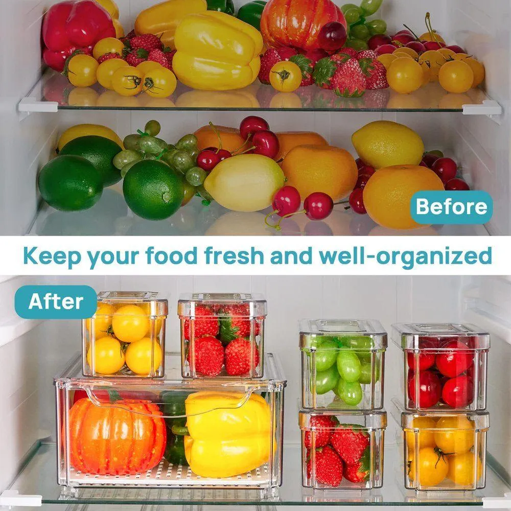 Set of 7 Refrigerator Organizer Bins,  Fruit Containers for Fridge with Drain Tray for Vegetables, Food, Drinks