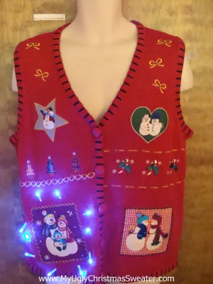 Snowman Lovers Red Cute Christmas Sweater Vest with Lights