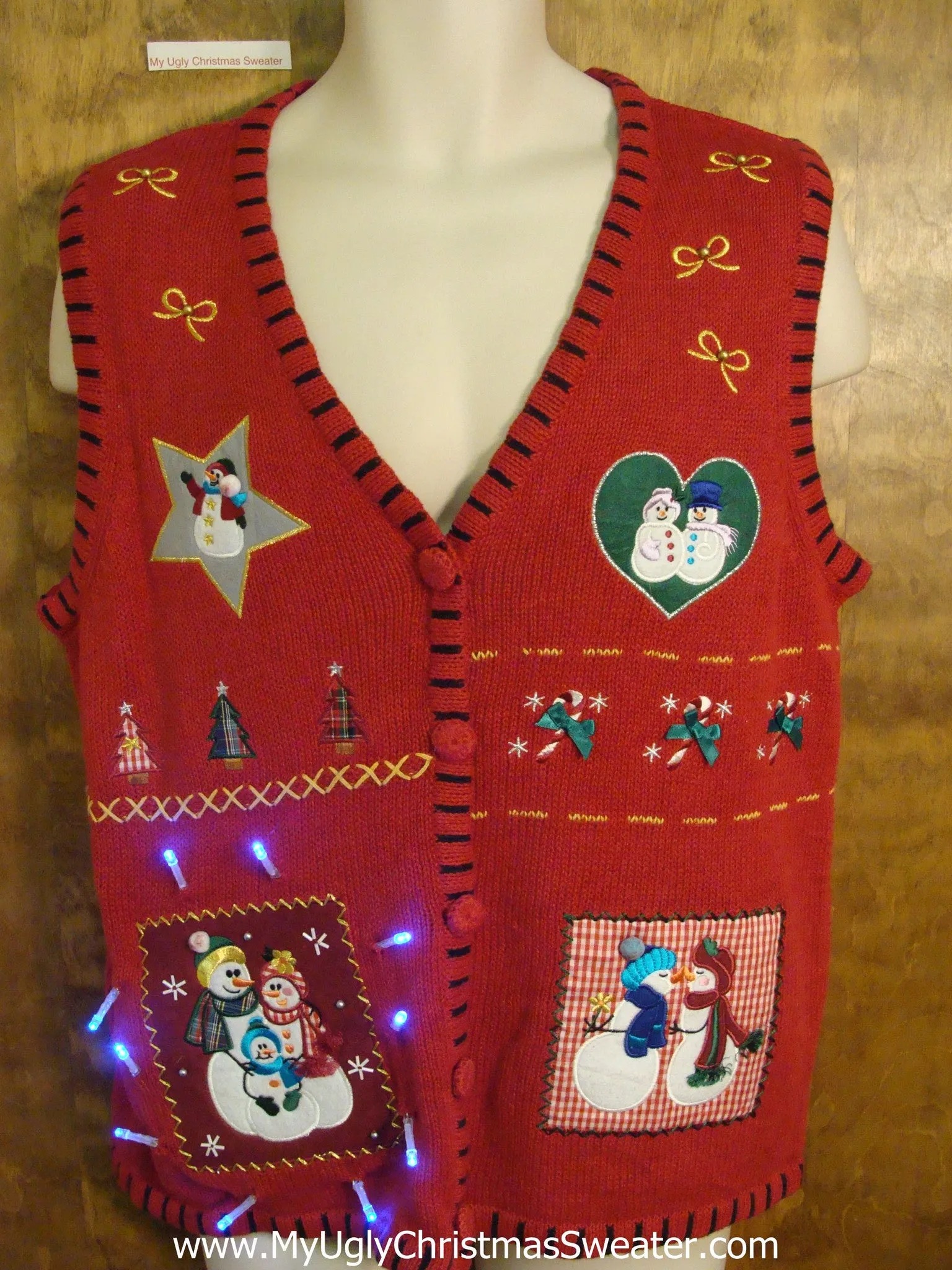 Snowman Lovers Red Cute Christmas Sweater Vest with Lights