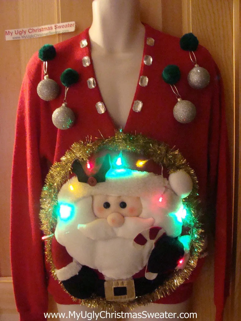 Tacky 3D Ugly Christmas Sweater Mens Puffy Santa with Lights (A24)