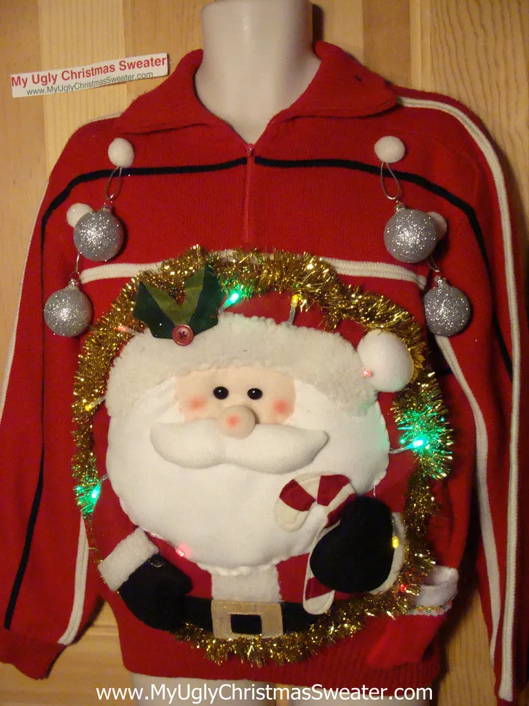 Tacky 3D Ugly Christmas Sweater Mens Puffy Santa with Lights (A28)