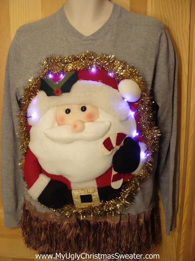 Tacky 3D Ugly Christmas Sweater Mens Puffy Santa with Lights and Fringe (A1)