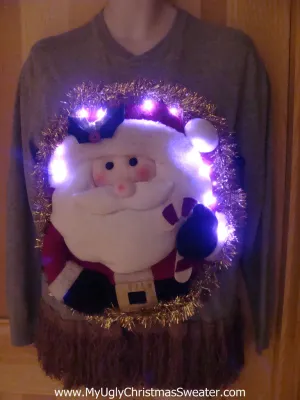 Tacky 3D Ugly Christmas Sweater Mens Puffy Santa with Lights and Fringe (A1)