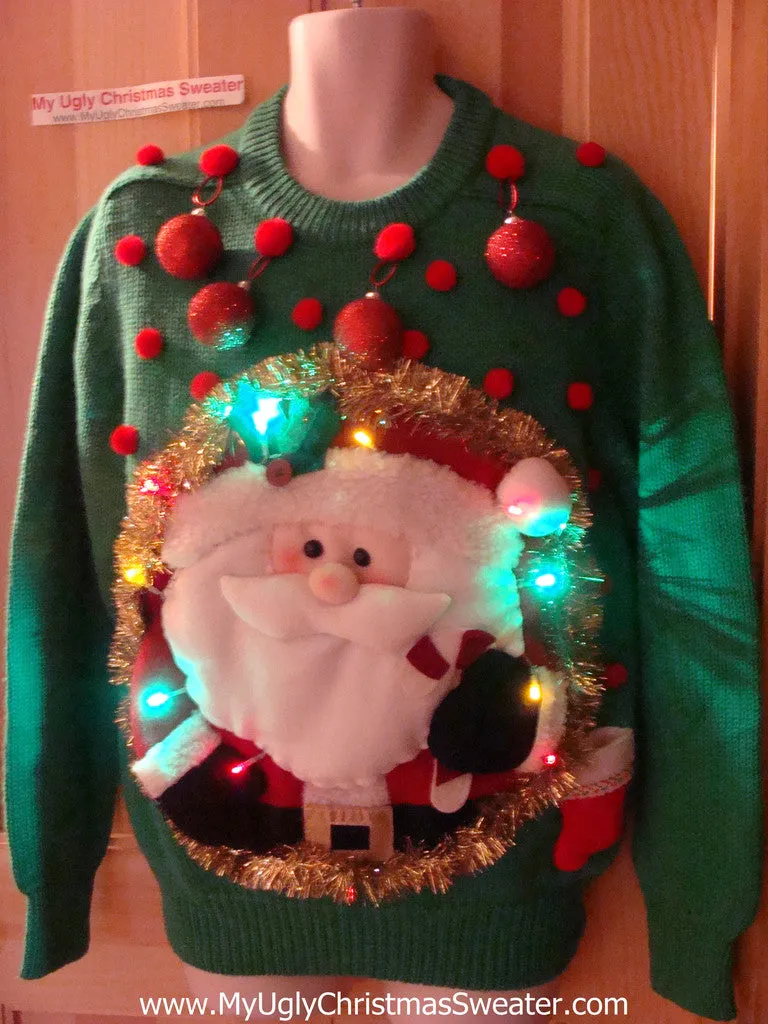 Tacky 3D Ugly Christmas Sweater Mens Puffy Santa with Lights and Ornaments (A27)