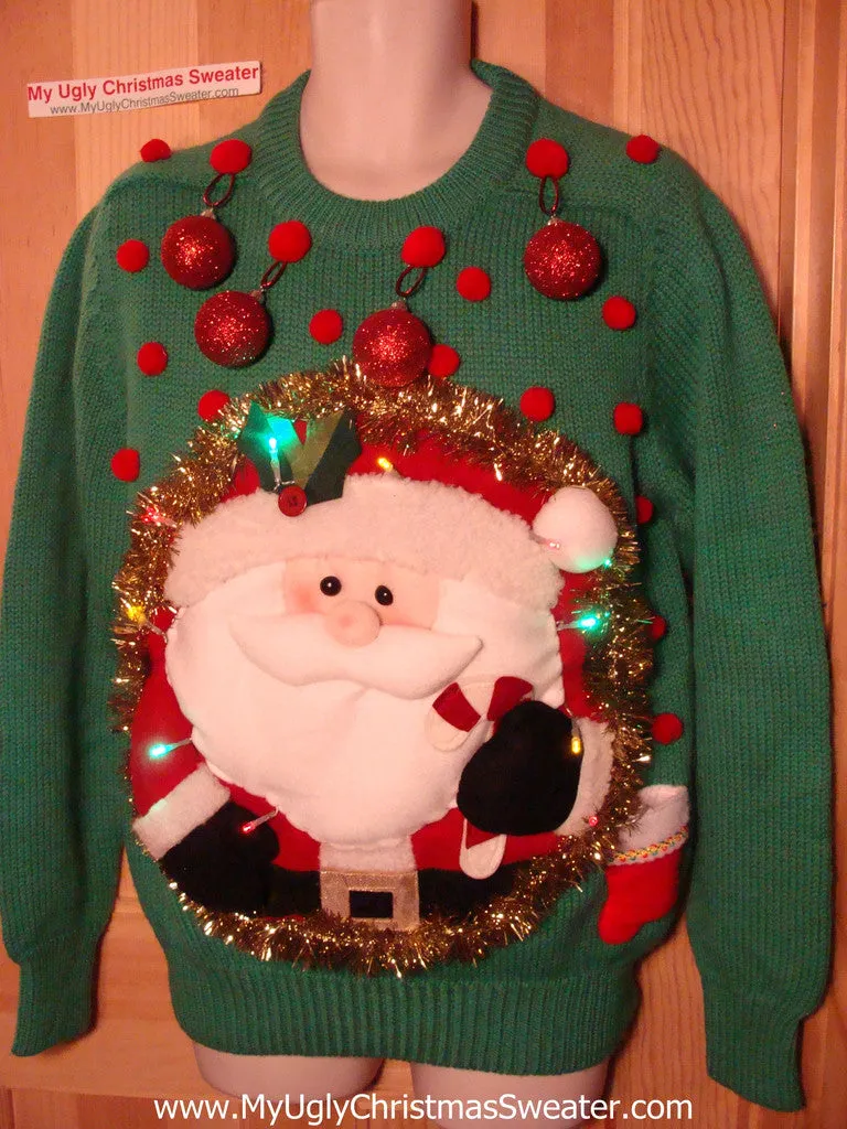 Tacky 3D Ugly Christmas Sweater Mens Puffy Santa with Lights and Ornaments (A27)