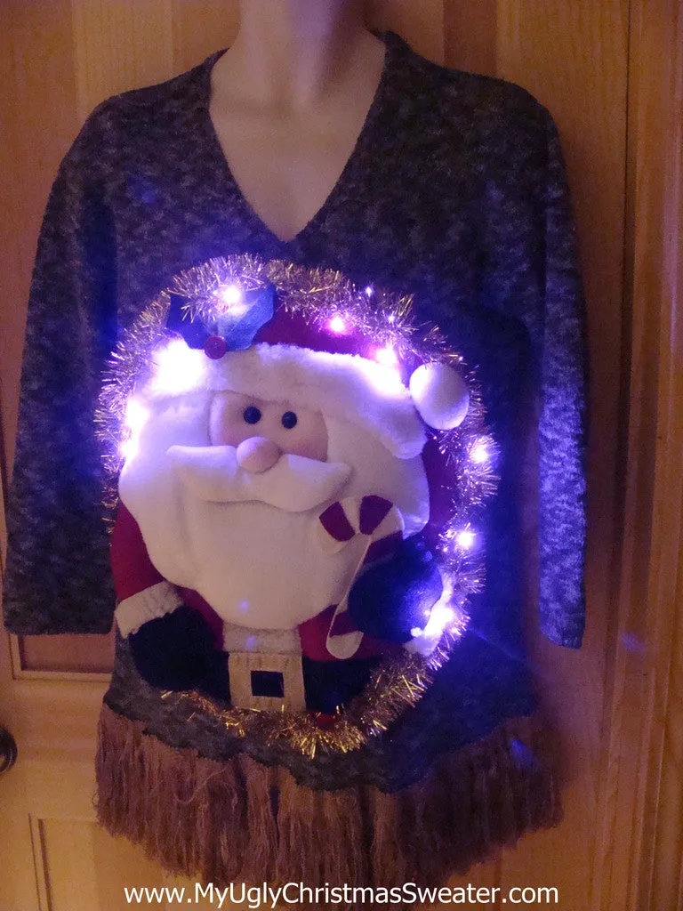 Tacky 3D Ugly Christmas Sweater Puffy Santa with Lights and Fringe (A15)