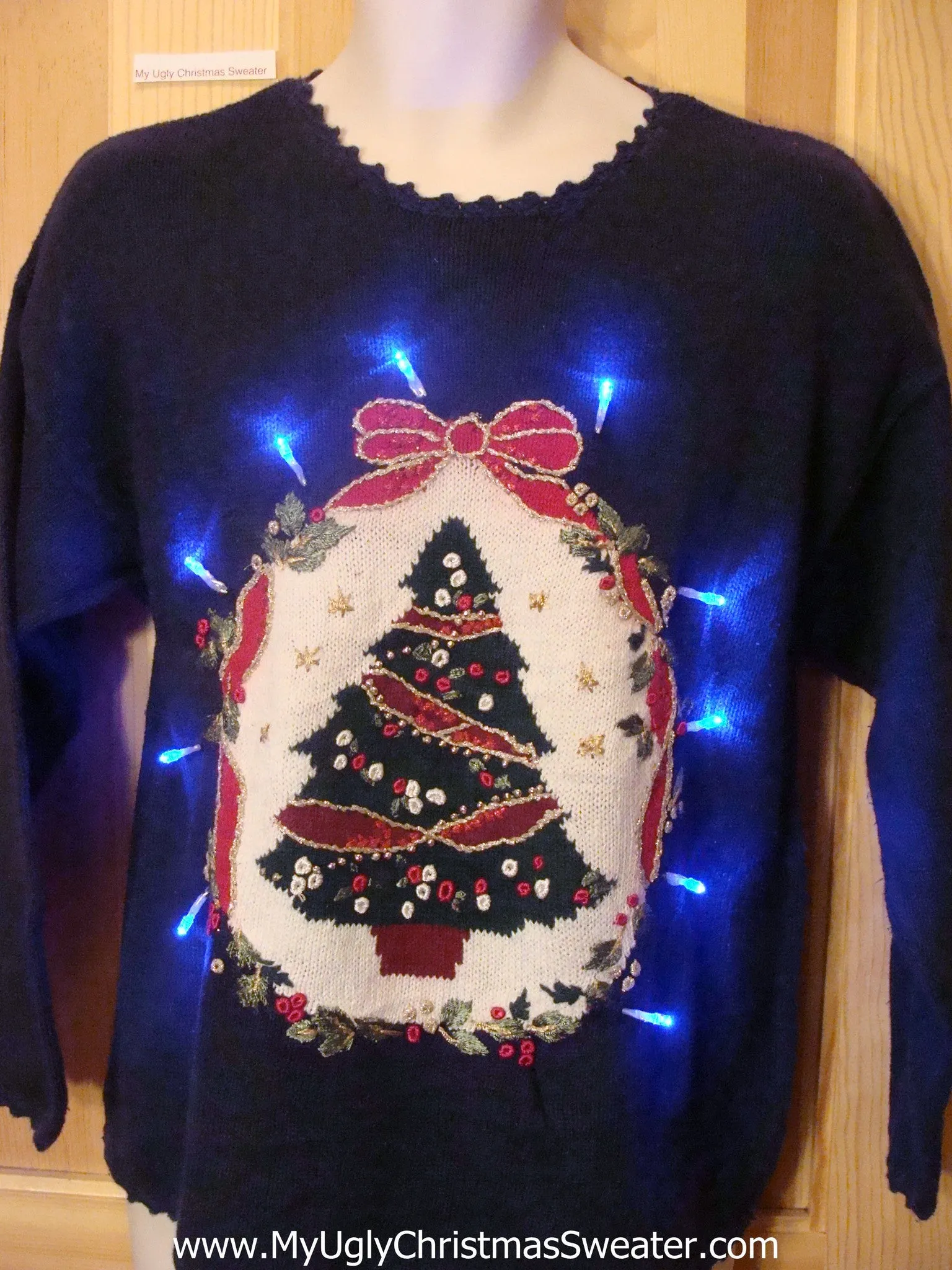 Tacky Light Up Christmas Sweater Pullover Tree and Red Bow