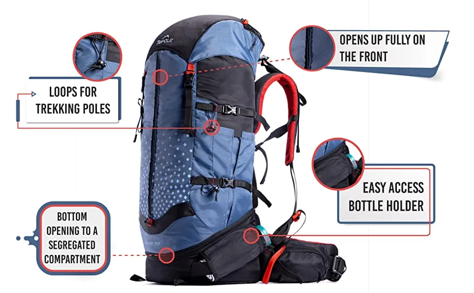 Tripole Terra Backpacking and Trekking Rucksack with Front Opening, Rain Cover and Metal Frame | 3 Year Warranty | Red Melange | 75 Litres