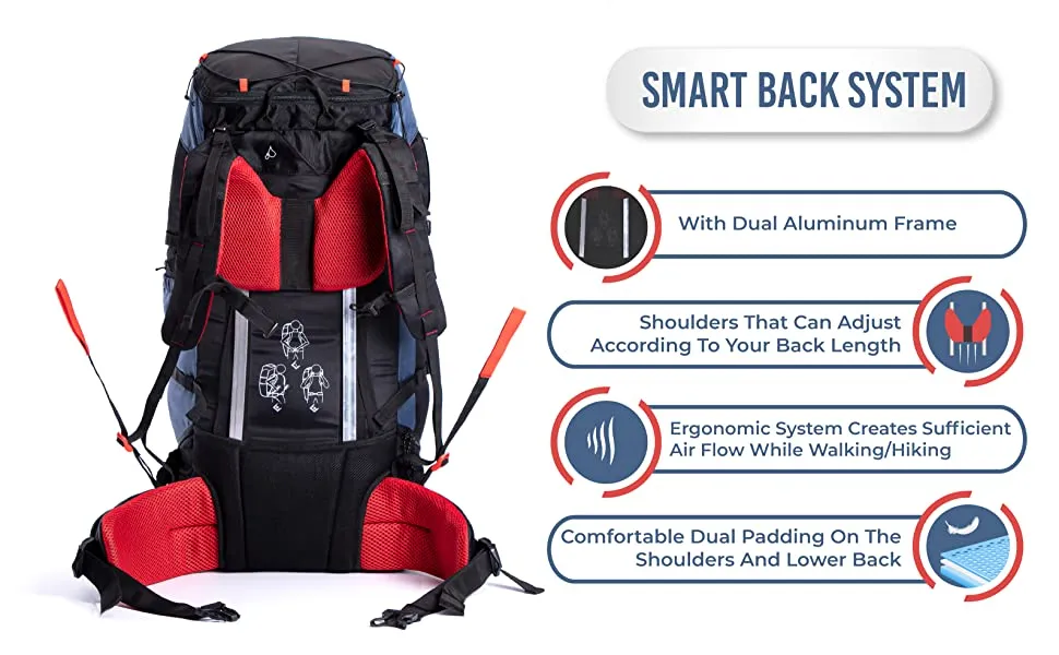 Tripole Terra Backpacking and Trekking Rucksack with Front Opening, Rain Cover and Metal Frame | 3 Year Warranty | Red Melange | 75 Litres